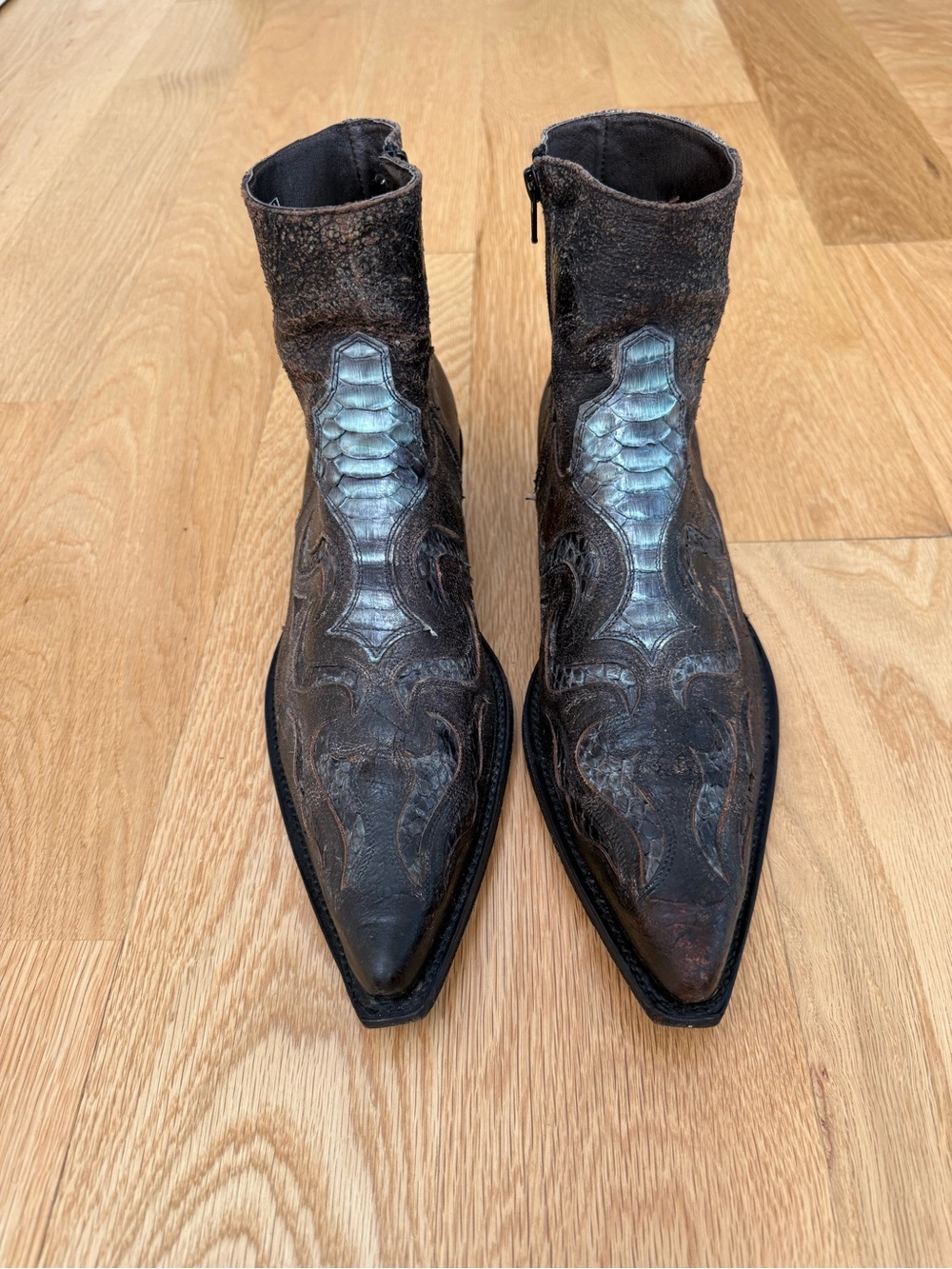 Sendra Men's Brown Western Ankle Boots with Teal Python Inlay, US Size 10 1/2 - Picture 2 of 11